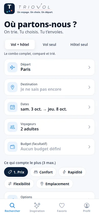 Triovol app screen showing results: 5 trips selected for you