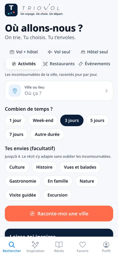 Home screen of the Triovol app with its six modes: flight + hotel, flight only, hotel only, activities, restaurants, events