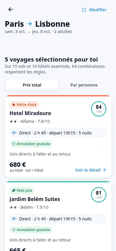 Results of a Paris – Lisbon search: three selected trips